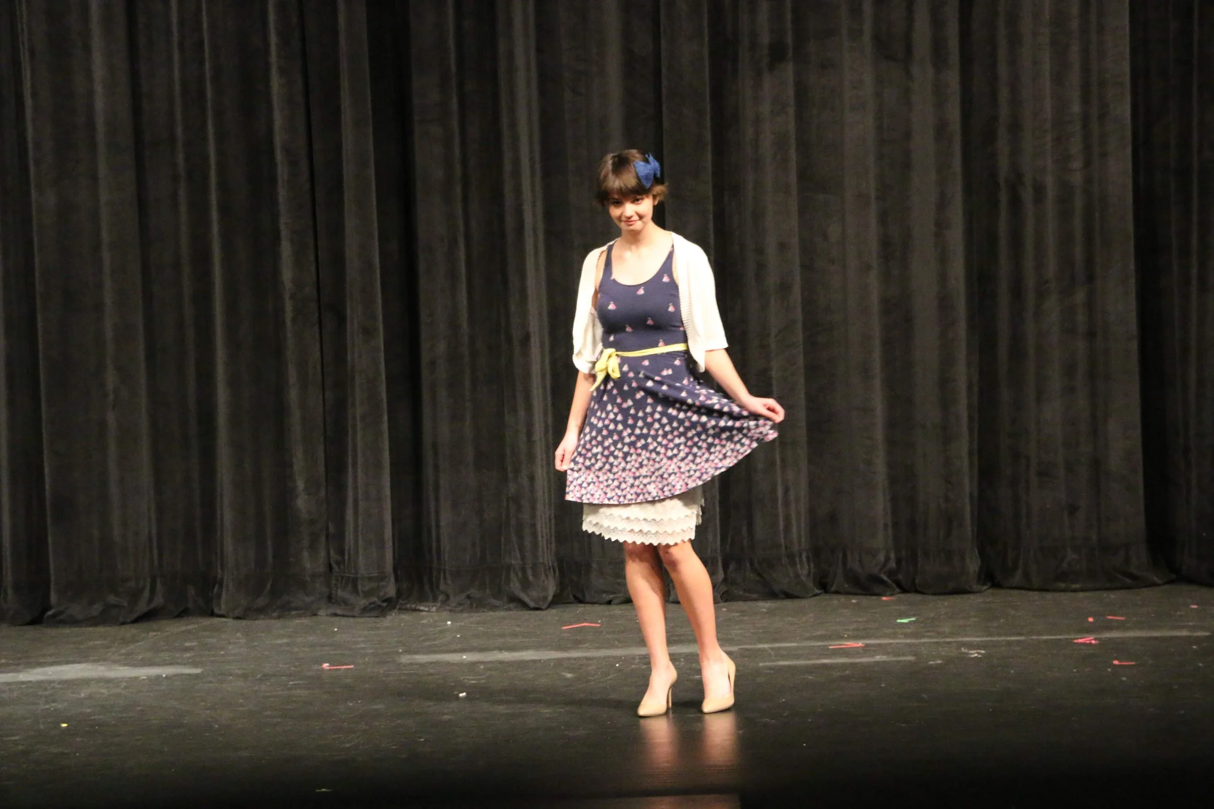 Claire modelling an outfit I had (not made by me) to demonstrate to to make it modest.