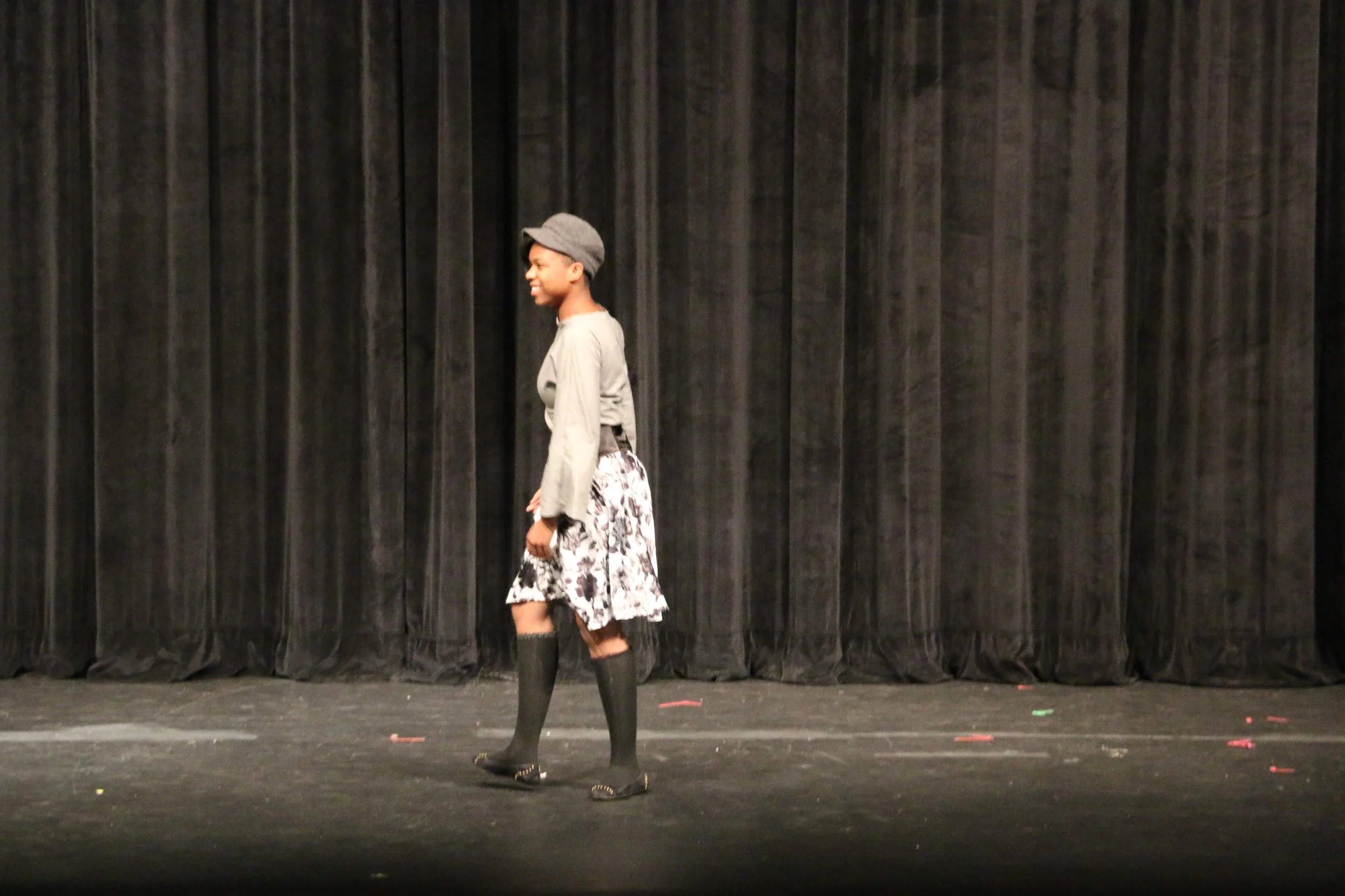 Model in the first outfit I made. I made both the skirt and the top.