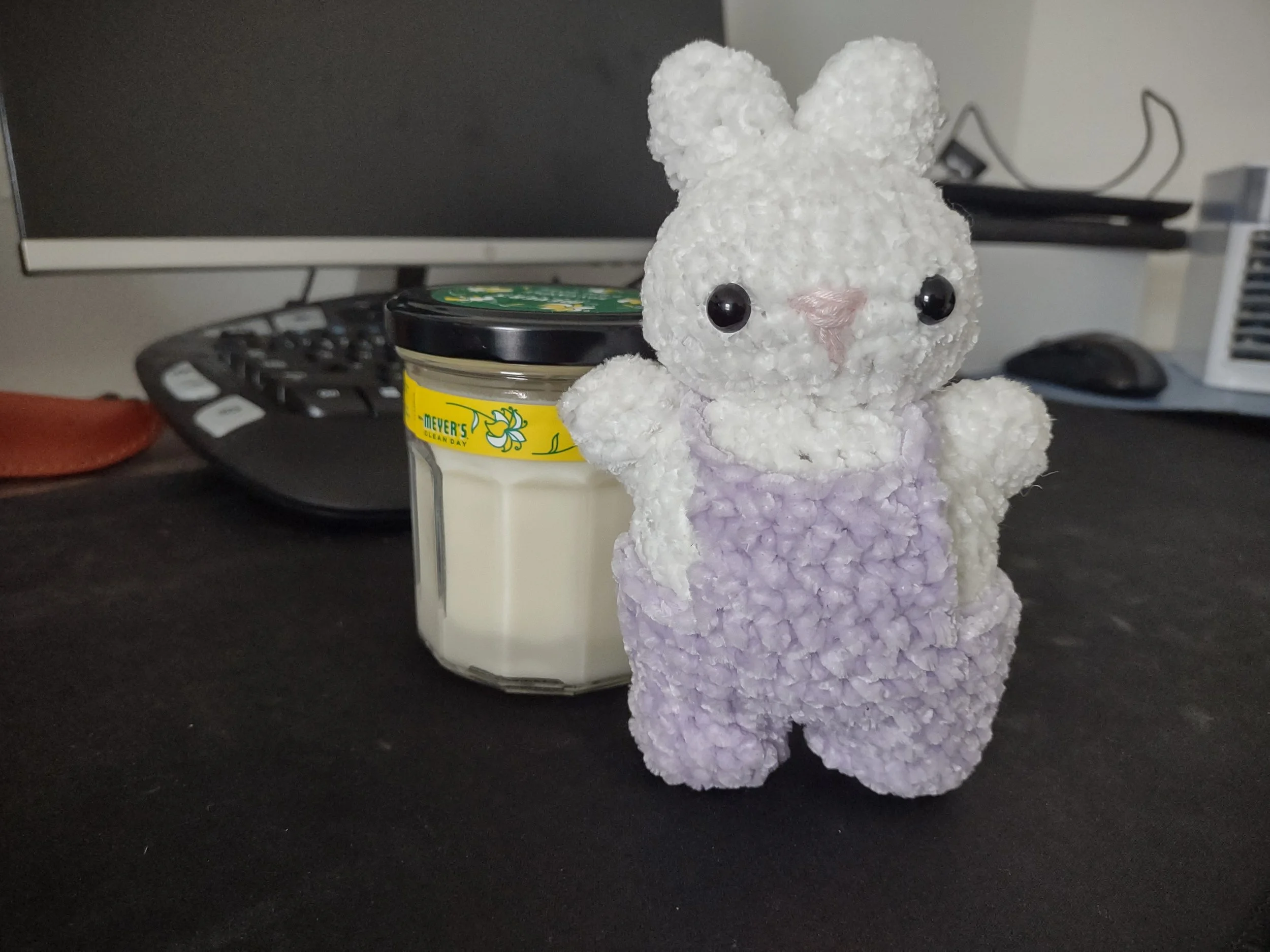 Crochet baby bunny in overalls