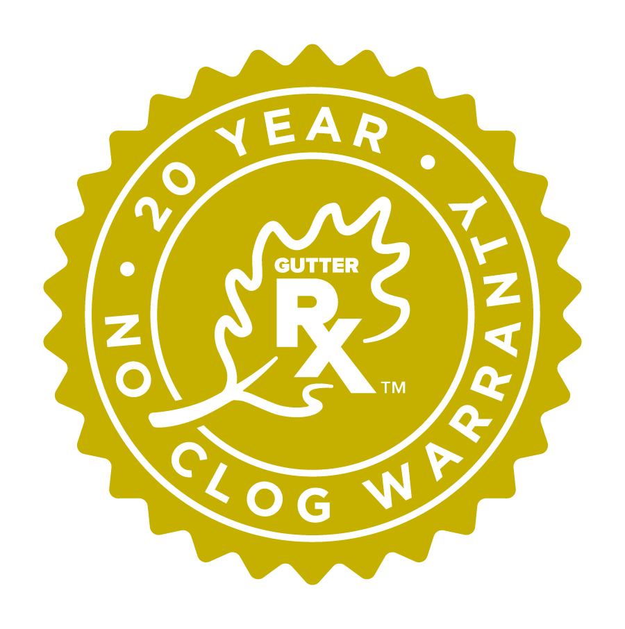 GutterRx 20-year No-Clog Warranty badge.