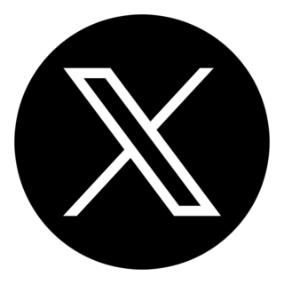 A black circle with a white geometric logo consisting of stylized intersecting lines forming an abstract 'X' shape.