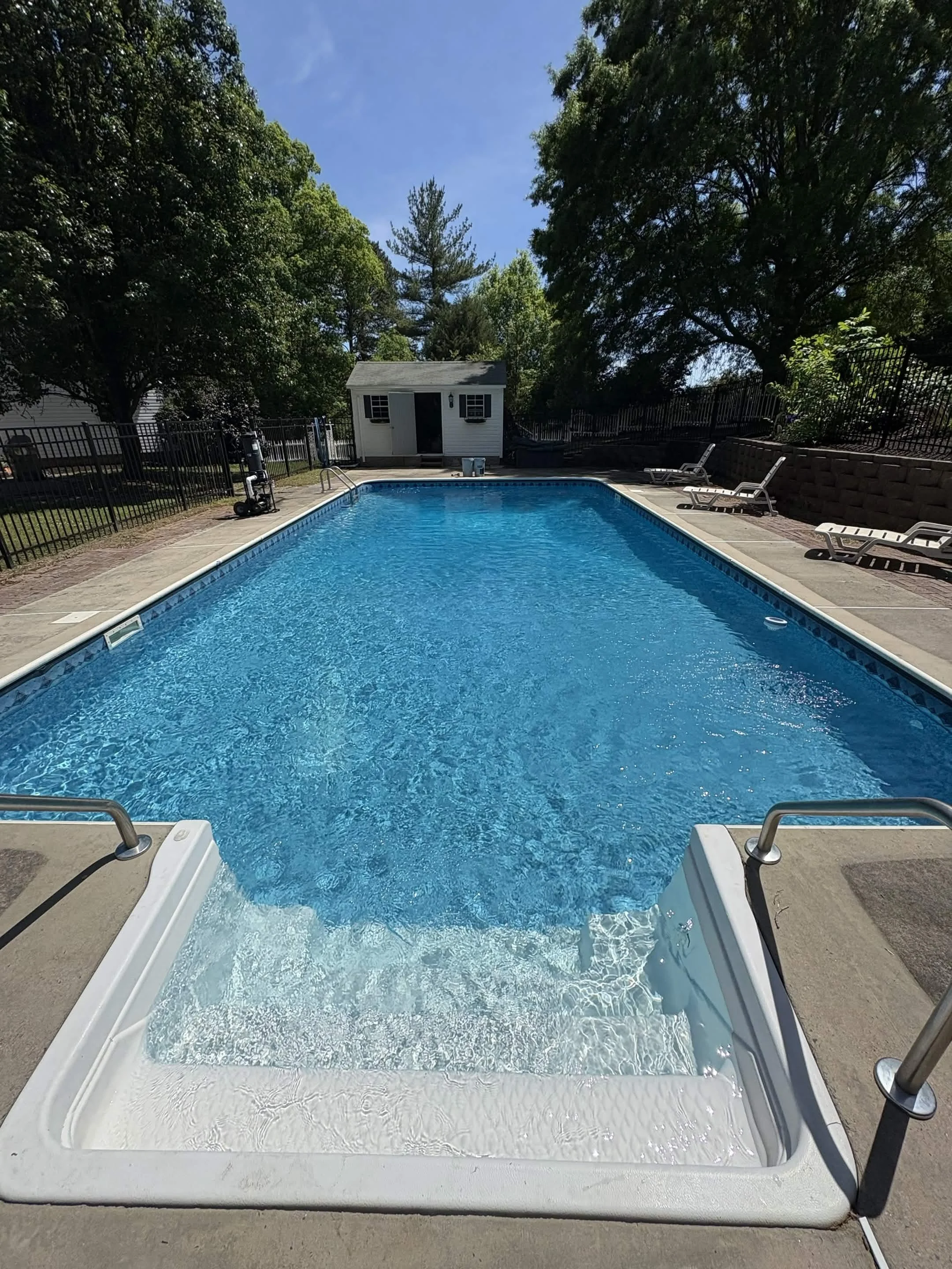 A swimming pool with a small white hot tub in the foreground, surrounded by a concrete deck, with lounge chairs and a fence, and a small shed in the background amidst tall green trees under a blue sky.