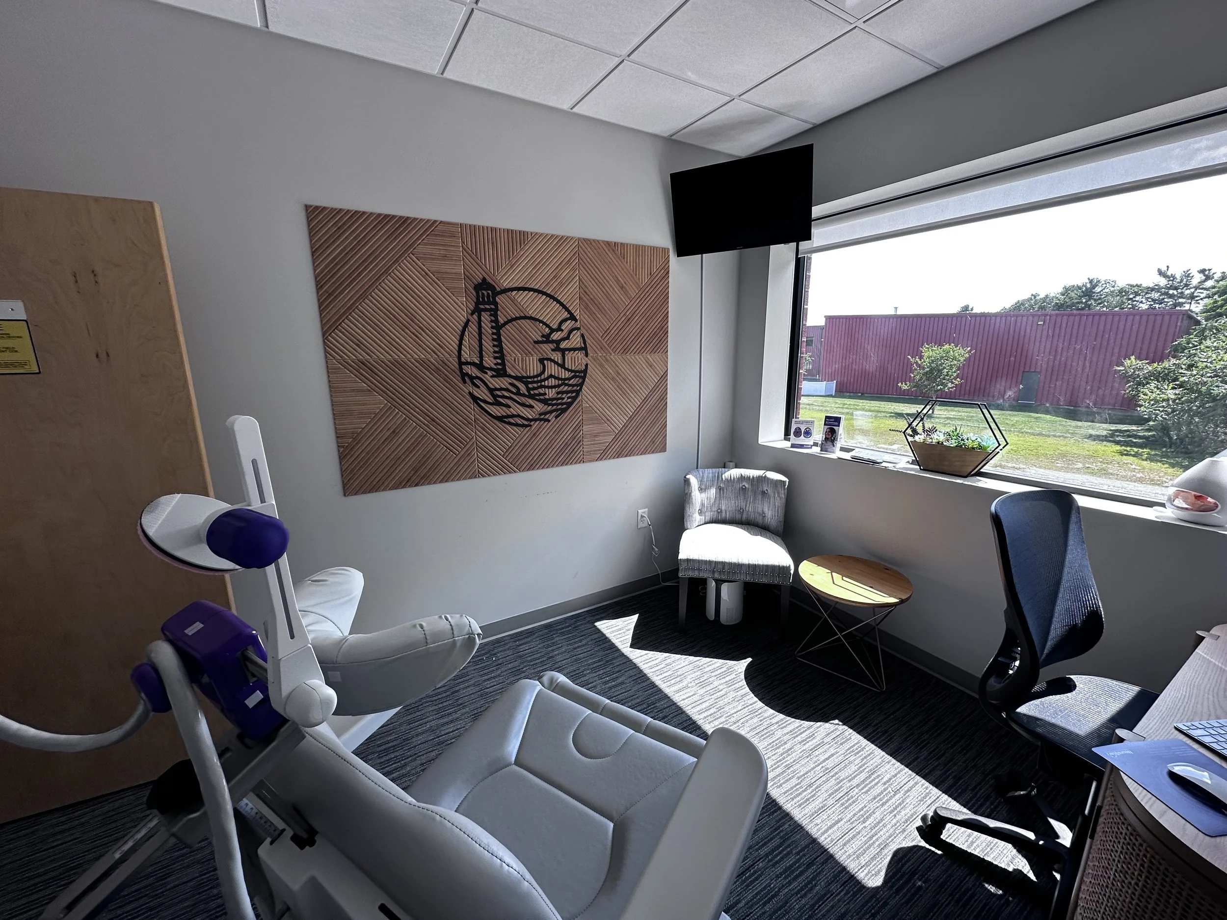 Hospital examination room with a hospital bed, a window with shades, a chair, a decorative wall art with a lighthouse, a TV mounted on the wall, and a few small plants.