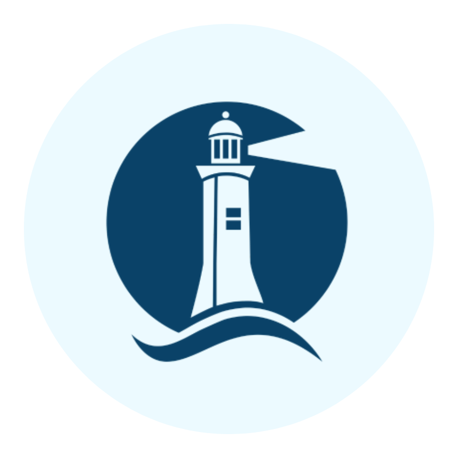 Logo of a lighthouse with waves at the base, in a circular design with a dark blue background.
