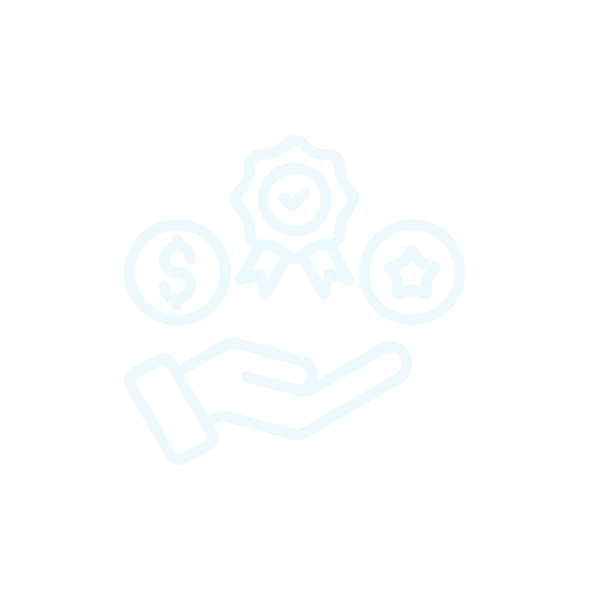 Hand holding icons representing quality, money, and a star, symbolizing value or achievement.