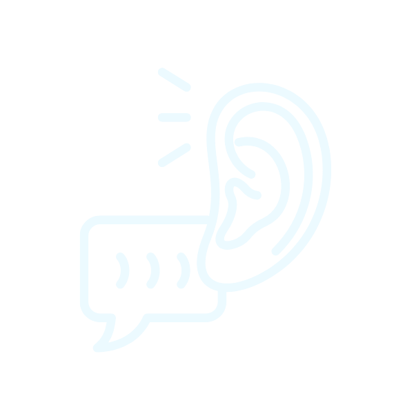 Icon of a human ear with sound waves and speech bubbles indicating listening and communication