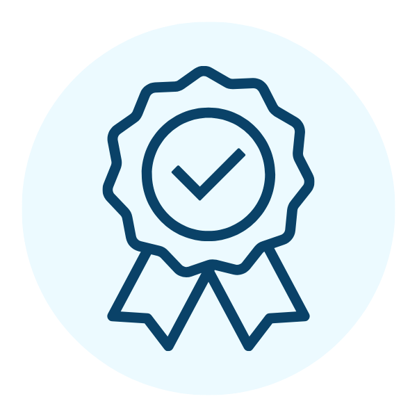Outline of a medal or award with a check mark in the center and ribbon at the bottom.
