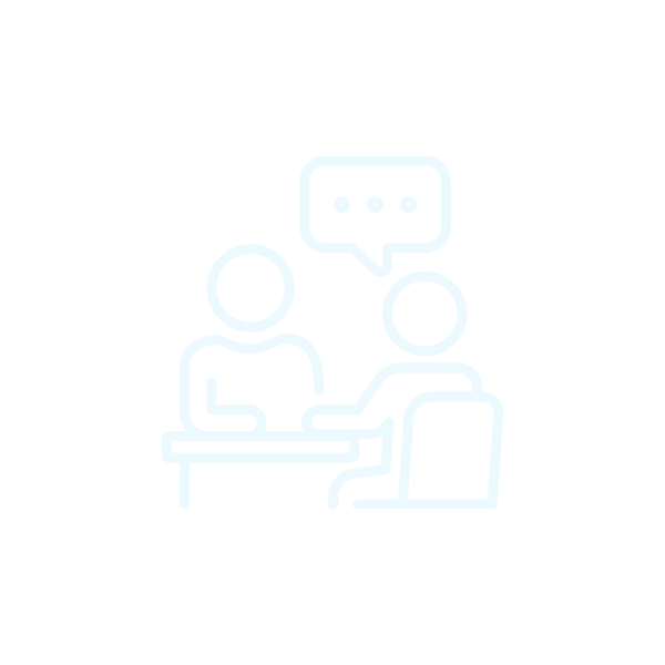 Outline icon of two people sitting at a table engaging in conversation, with one speaking as indicated by a speech bubble with three dots.