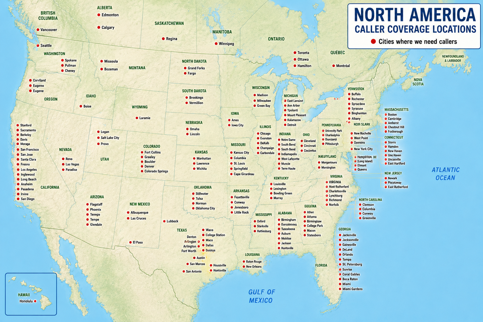 Map of North America showing cities where caller coverage is needed, marked with red dots across various states and provinces in the United States, Canada, and Mexico.