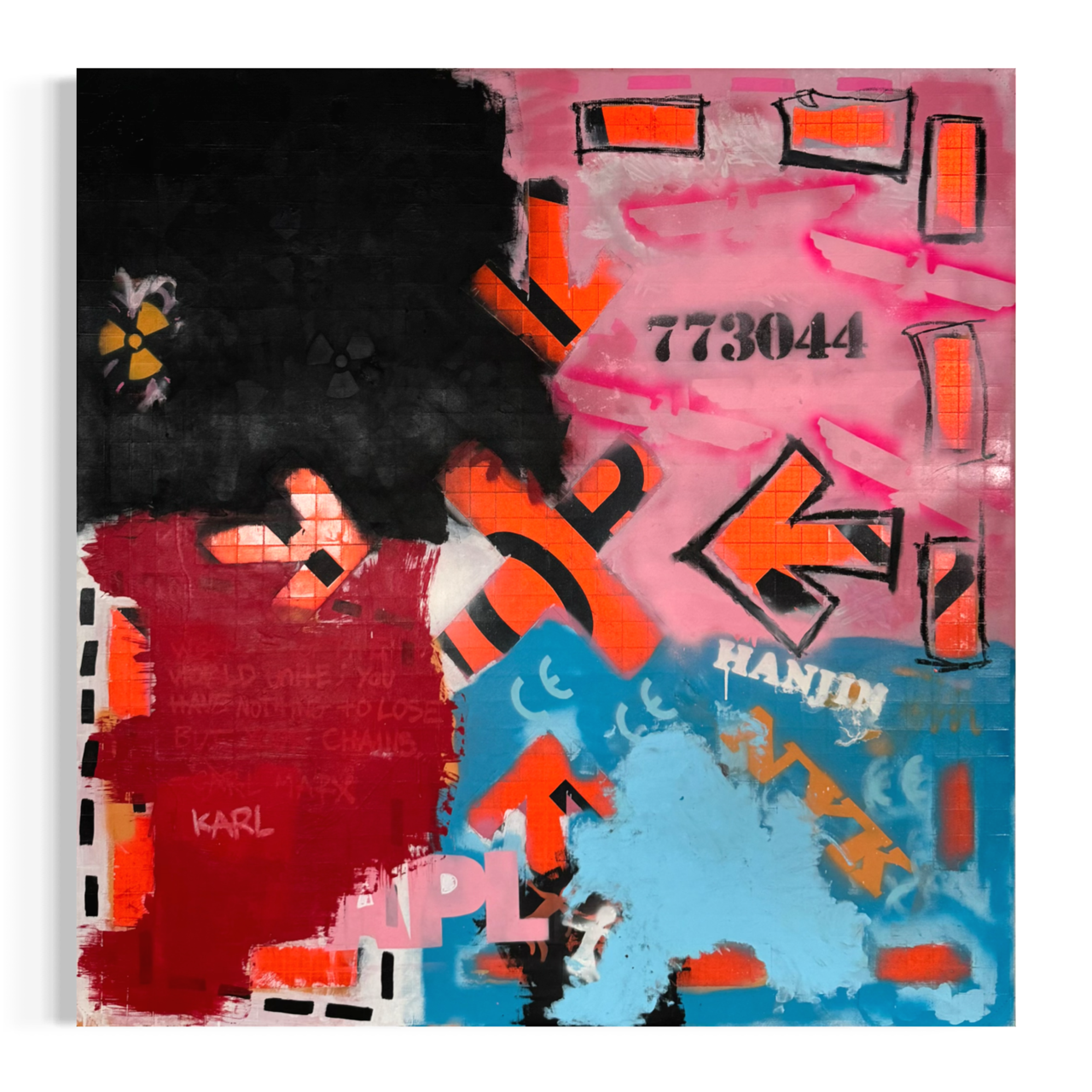 Colorful abstract street art mural with graffiti, numbers, and text in bright pink, red, black, blue, and orange. Elements include spray paint patterns, text like '7783044,' 'HAND,' and various geometric shapes.