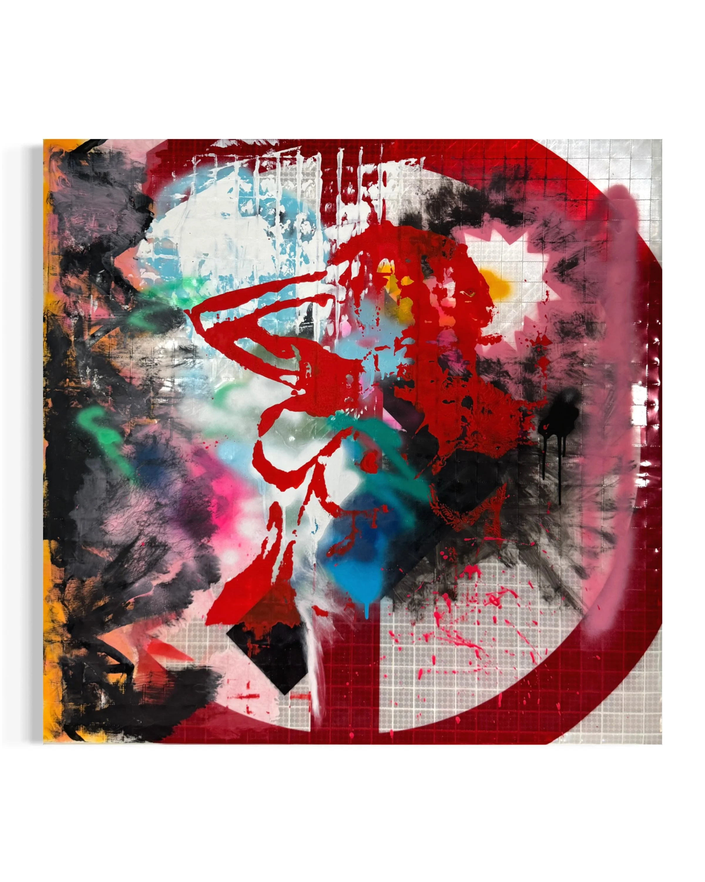 Mary II

Medium: Acrylic, Screen Print Ink, and Spray Paint on Repurposed Reflective Roll-Up Vinyl

Dimensions: 36 in. X 36 in. X 1 in. 

Mary II features the same figure of Mary Magdalene and serves as the continuation of Mary I. With her halo repla