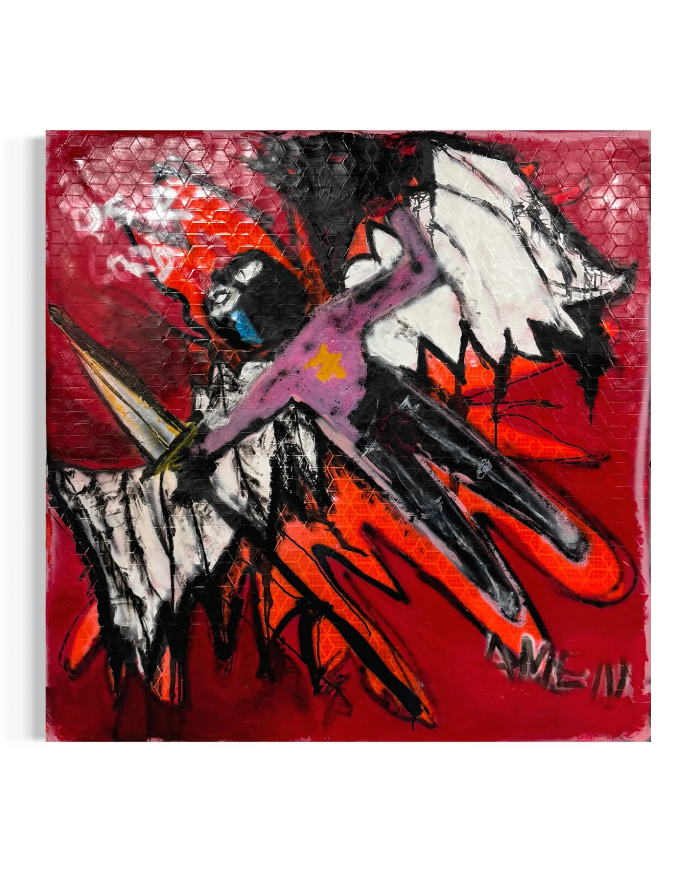 The Damned

Medium: Acrylic, India Ink, Oil Pastel and Spray Paint on Repurposed Reflective Roll-Up Vinyl

Dimensions: 44 in. X 44 in. X 1.5 in. 

The Damned is a speculation on the judgments of God and the blurred lines between good and evil.  This 