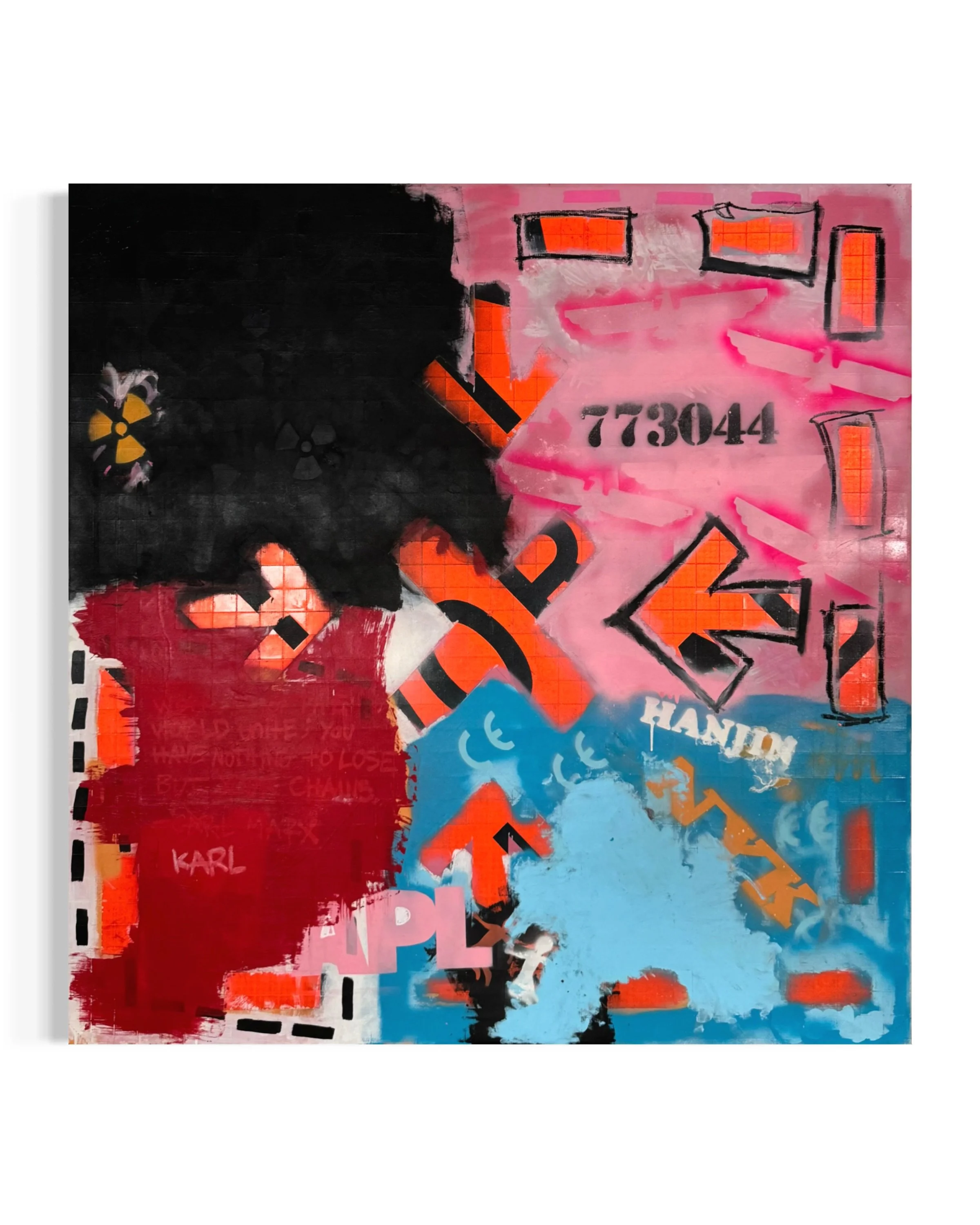 Carl

Medium: Acrylic, Spray Paint and Pastel on Repurposed Reflective Roll-Up Vinyl

Dimensions: 44 in. X 44 in. X 1.5 in. 

Carl is an American&rsquo;s take on socialism and capitalism. Two economic philosophies that have been highly discussed in r
