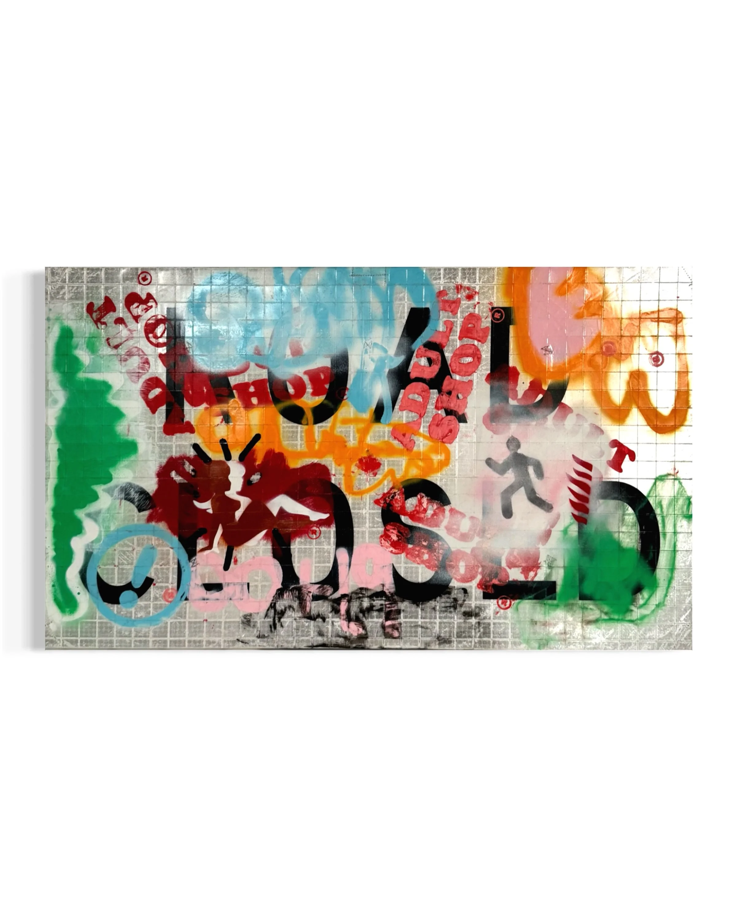 The City 

Medium: Acrylic and Spray Paint on Repurposed Reflective Roll-Up Vinyl

Dimensions: 26 in. X 44 in. X 1.5 in.

The City is a hot flash of graffiti, warning symbols, and sexual enterprise&mdash;a true concentration of society.

#art #galler