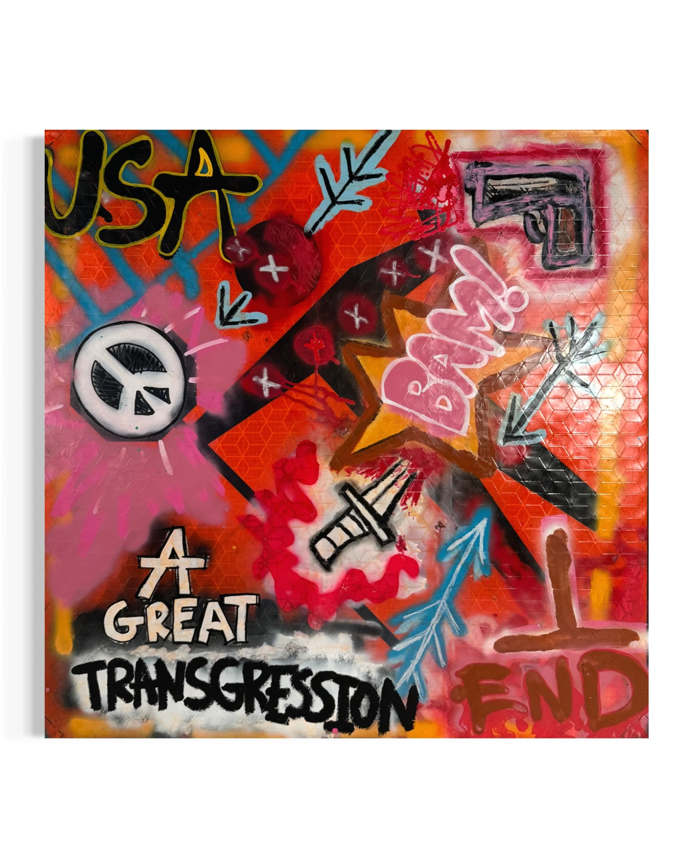 A Great Transgression

Medium: Acrylic, Spray Paint and Pastel on Repurposed Reflective Roll-Up Vinyl

Dimensions: 44 in. X 44 in. X 1.5 in. 

A Great Transgression is direct with its imagery. Using the construction figurine on the repurposed vinyl, 