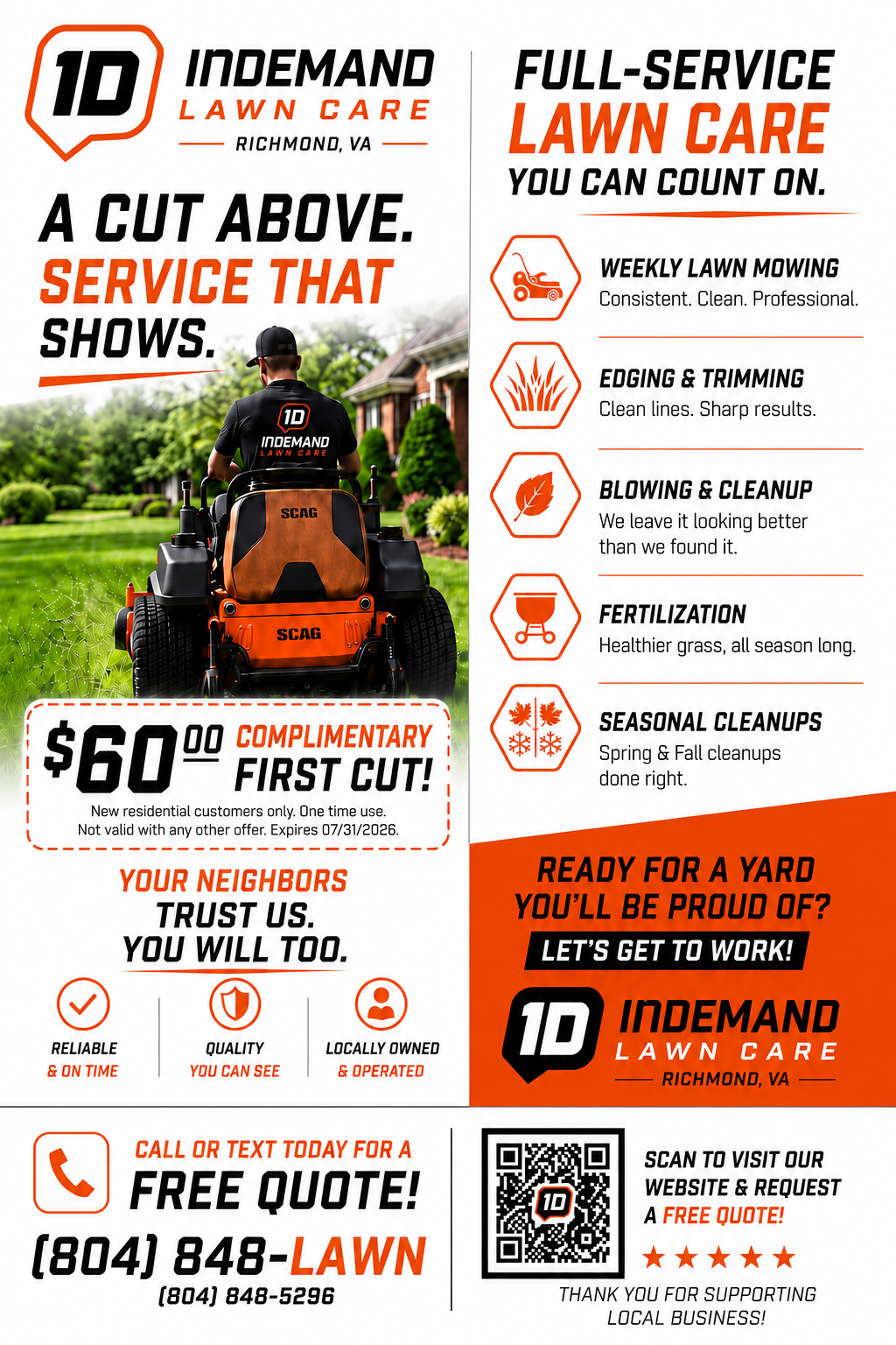 An advertisement for 1D In-Demand Lawn Care, Richmond, VA, featuring a person mowing a lawn with a riding lawn mower and promoting various lawn care services such as weekly mowing, edging and trimming, blowing and cleanup, fertilization, and seasonal cleanups. The ad offers a $60 first cut special for new residential customers, highlights qualities like reliability, quality, and local ownership, and encourages contacting via phone or scanning a QR code for a free quote.