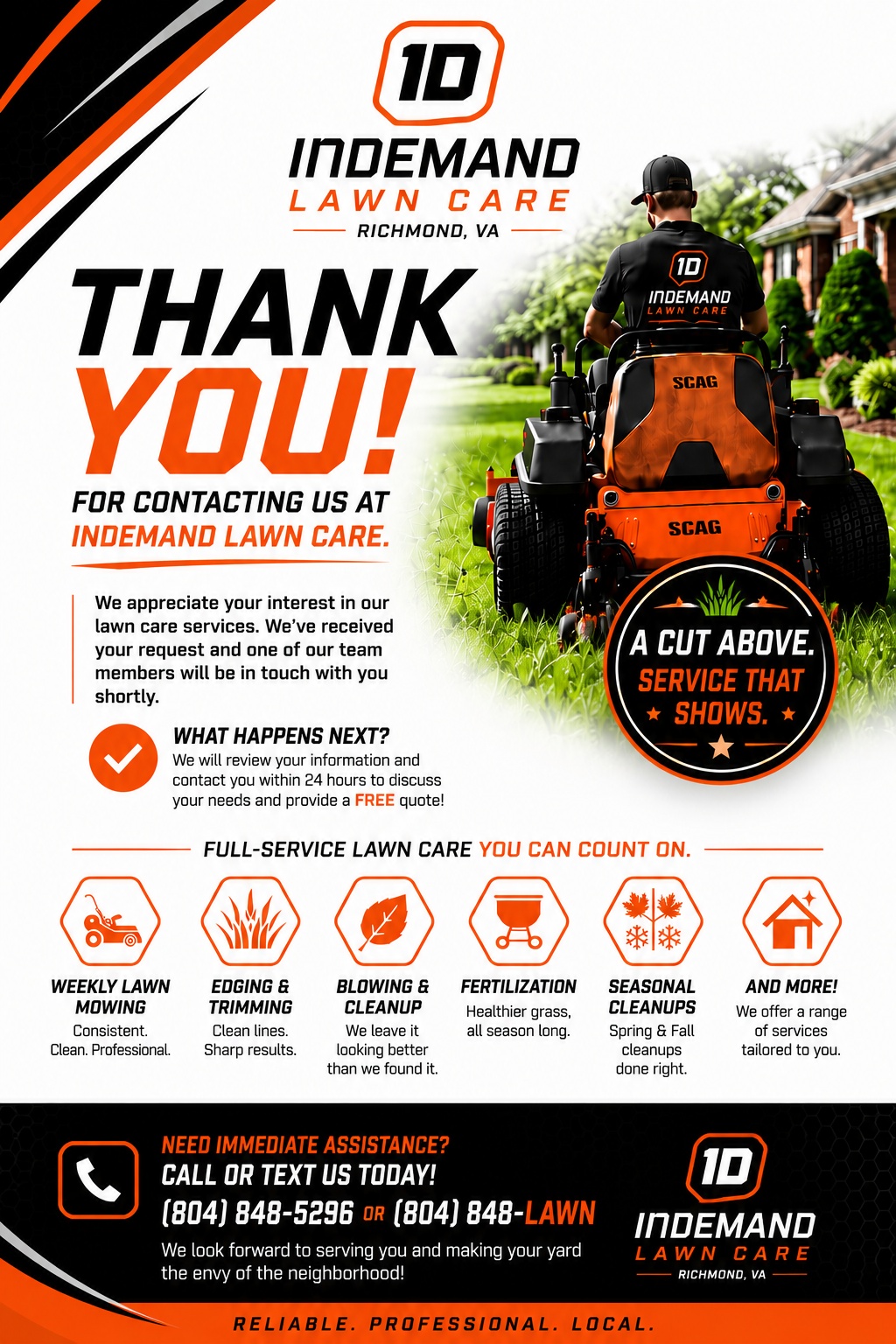 A flyer for INDEMAND LAWN CARE based in Richmond, VA. It features a person in a lawn care uniform on a riding lawnmower on a well-maintained lawn, with text thanking customers and listing services like weekly mowing, edging and trimming, blowing and cleanup, fertilization, and seasonal cleanups. The flyer emphasizes professional service and contact information for immediate assistance.
