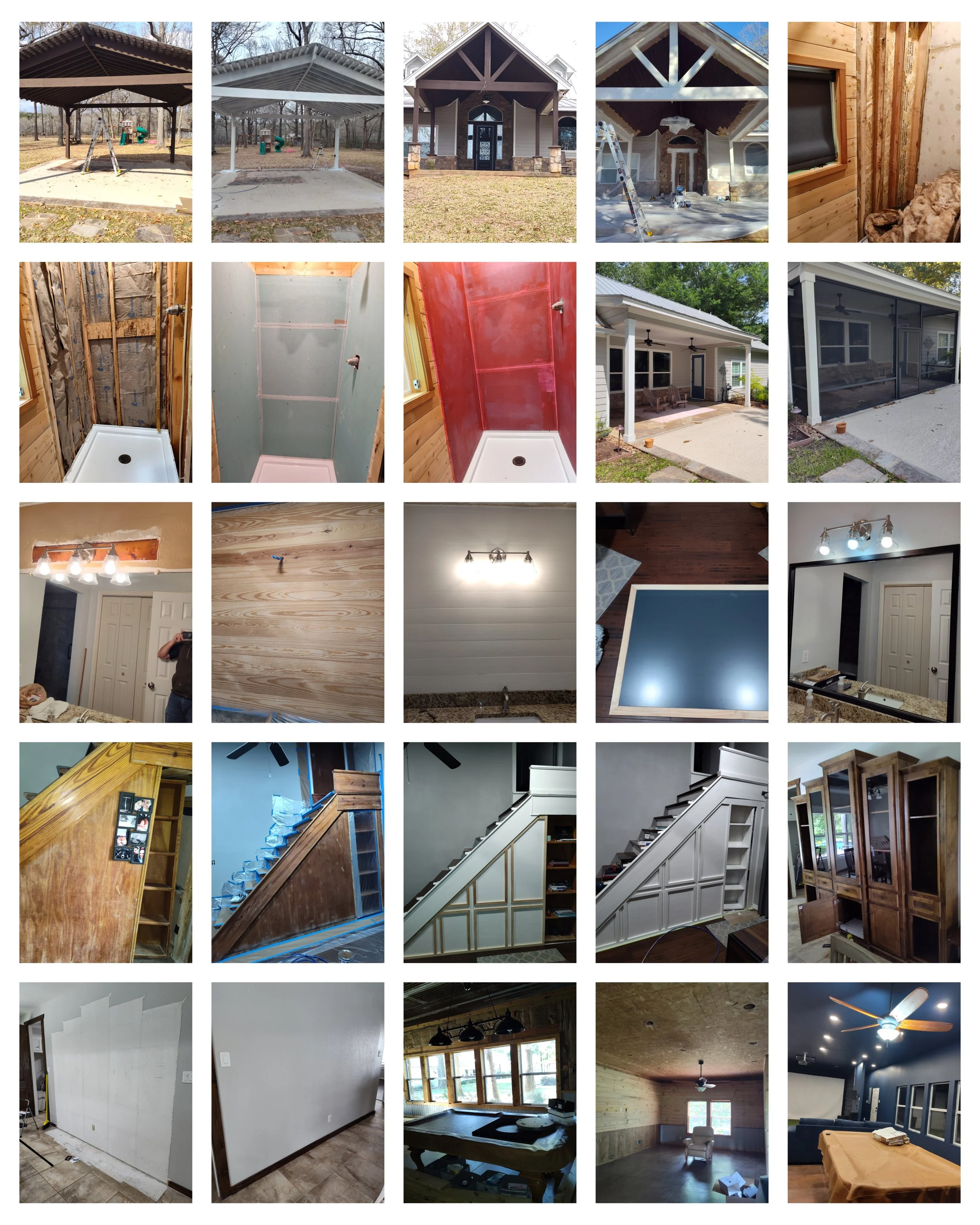 Series of images showing the process of building or renovating homes and indoor spaces, including exterior structures, interior walls, ceilings with lighting, and different types of rooms and furnishings.
