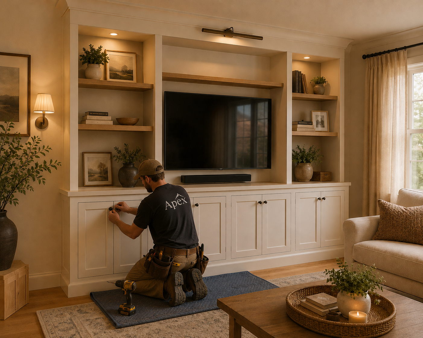 A technician kneeling on a blue rug, working on a built-in white entertainment center in a living room. The center has glass doors and flat-panel cabinets, with a large flat-screen TV and a soundbar. The room features beige walls, a window with sheer curtains, a beige sofa with a patterned pillow, a wooden coffee table with a candle and books, and decorative plants and framed pictures.