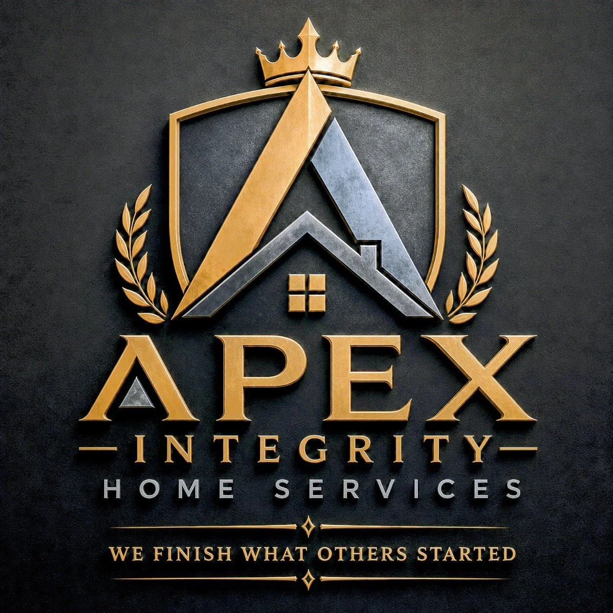 Logo for Apex Integrity Home Services featuring a shield with a gold crown, stylized house roof, and laurel wreaths, with text 'Apex Integrity Home Services' and the slogan 'We finish what others started.'