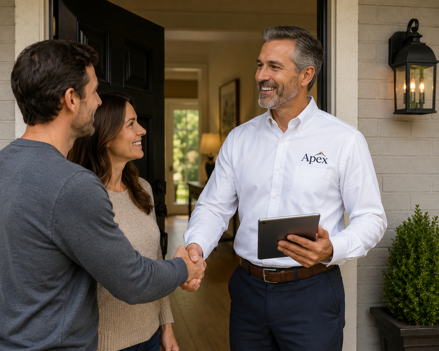 Two people shaking hands with a man holding a tablet, standing at the doorway, and a woman standing underneath, smiling.