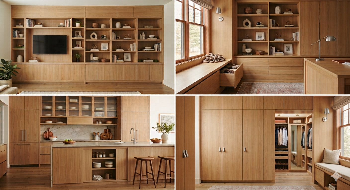 Collage of four interior rooms with wood accents: a living room with built-in shelves and a TV, a cozy nook with window seat and storage, a modern kitchen with cabinetry and a marble backsplash, and a walk-in closet with clothing and storage space.
