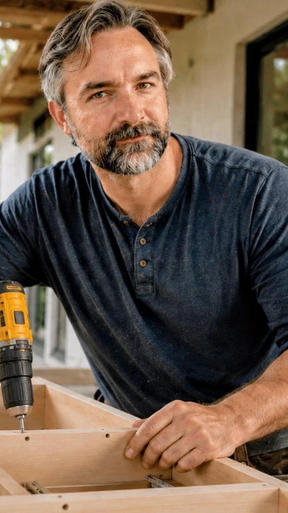 A man with gray hair and a beard working on a wooden project, using a cordless drill in a workshop or porch area.