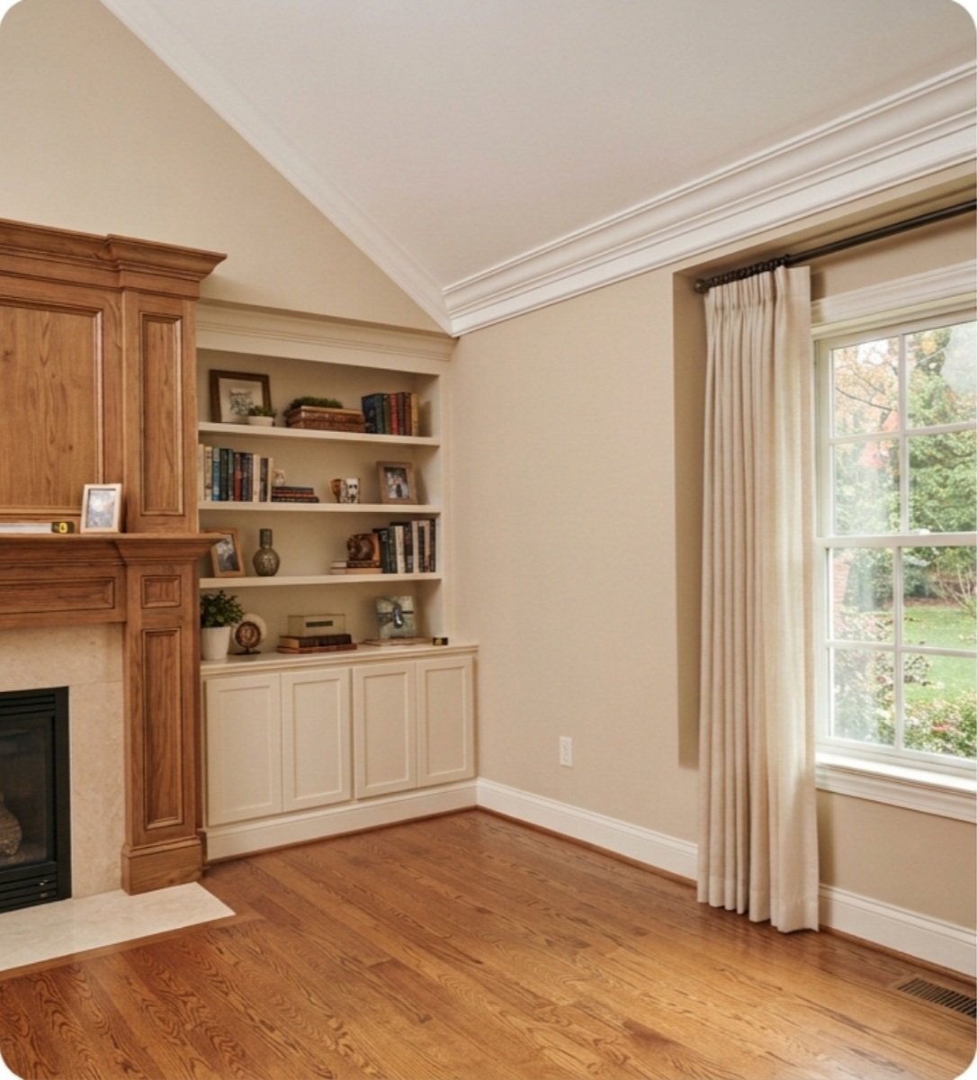 Empty living room with hardwood floor, fireplace with wooden mantel on the left, built-in bookshelf with decorative objects, and a window with curtains on the right, showing a view of trees outside.
