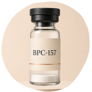 A small glass vial labeled BPC-157 with a black cap containing a clear liquid or substance inside.