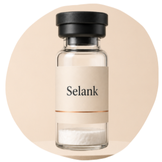 A small transparent glass bottle with a black lid labeled "Selank" on a neutral background.