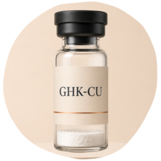 A small glass vial labeled GHK-CU containing a white powder substance.