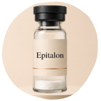 A small glass vial labeled Epitalon with a black cap, containing a clear liquid.