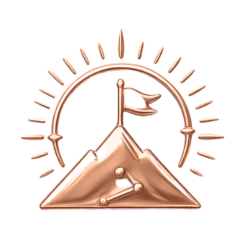 A stylized clock with a triangle below it, resembling a sun rising or setting, in a metallic gold color.