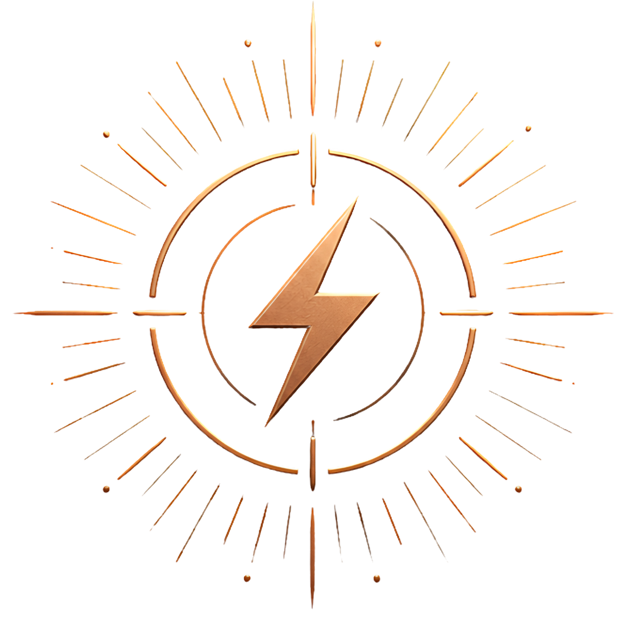 A 3D abstract graphic with a copper and purple color scheme, featuring a sphere and arrow shapes radiating outward on a black background.