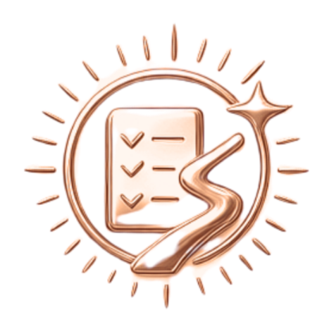 Rose gold icon of a checklist with a star and a curved arrow around it.