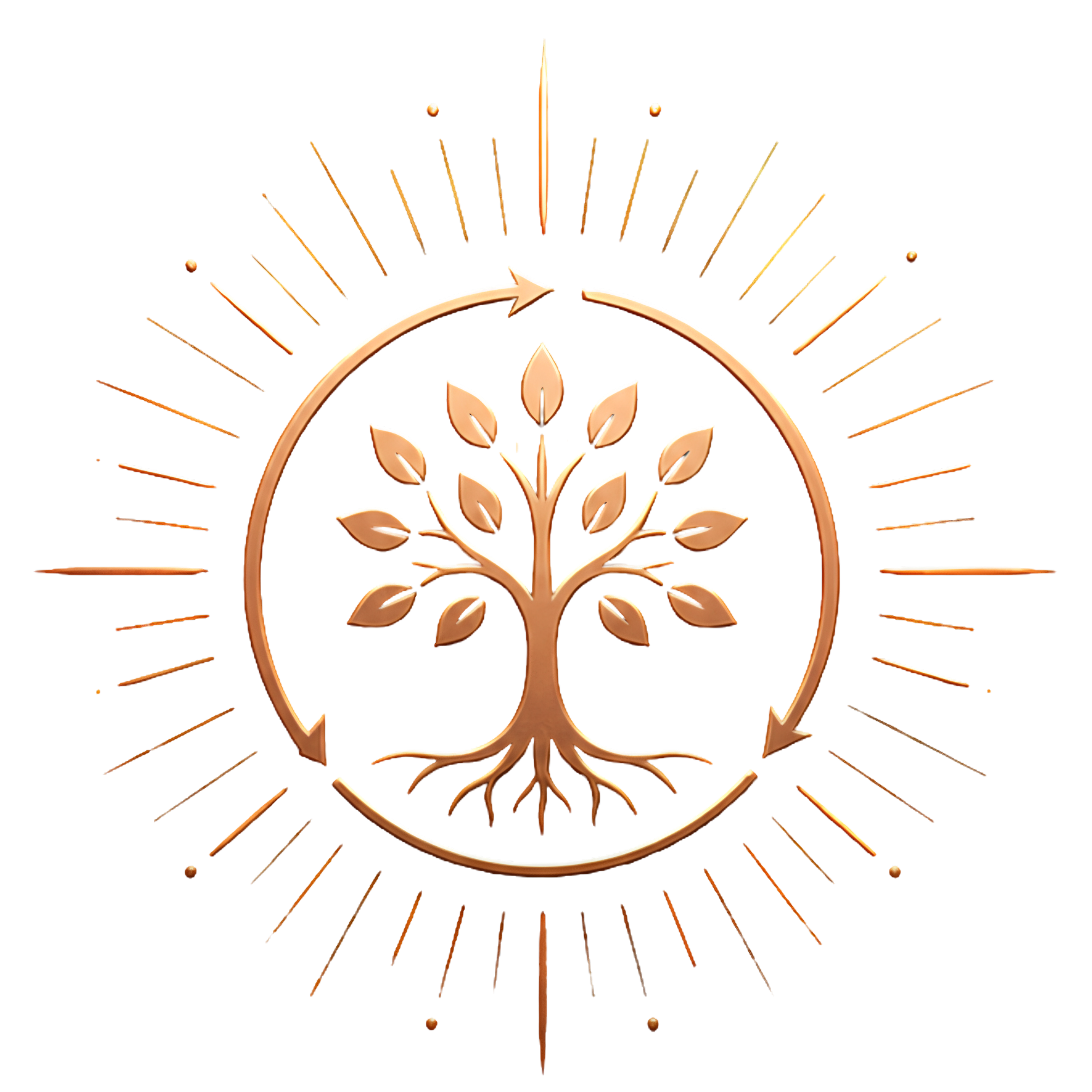 A stylized graphic of a tree encircled by arrows, with rays emanating from the center, on a black background.