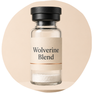 A small glass jar labeled 'Wolverine Blend' with a black lid, containing a white powdered substance.