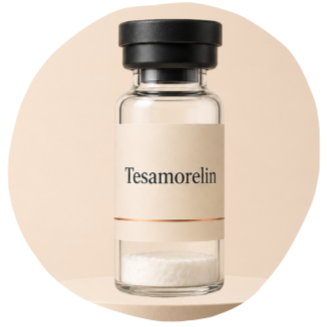 A small glass vial labeled 'Tesamorelin' with a black cap, containing a white powder.
