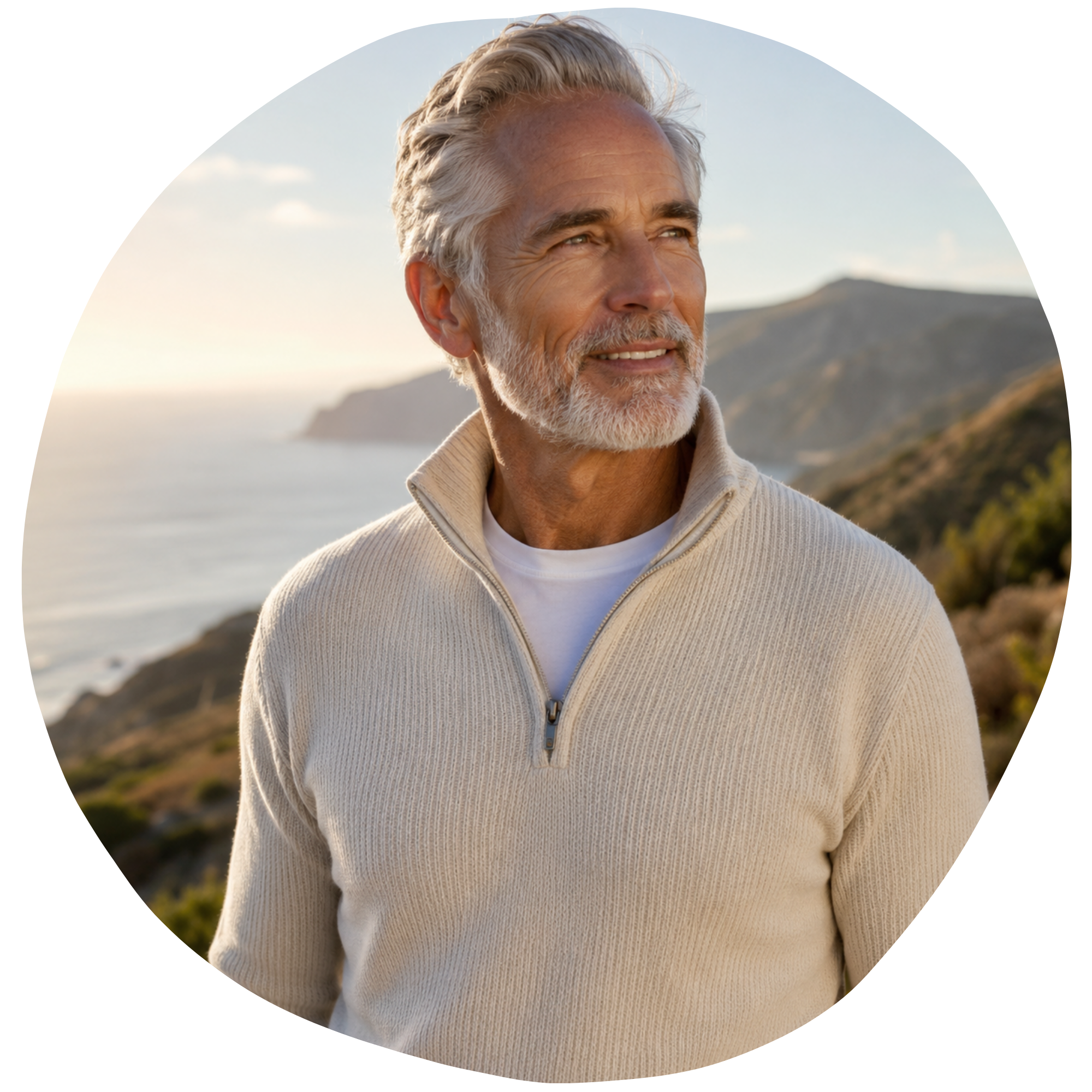 A close-up of an elderly man with gray hair and a beard, smiling while standing outdoors with a scenic landscape of hills and water in the background during sunset.