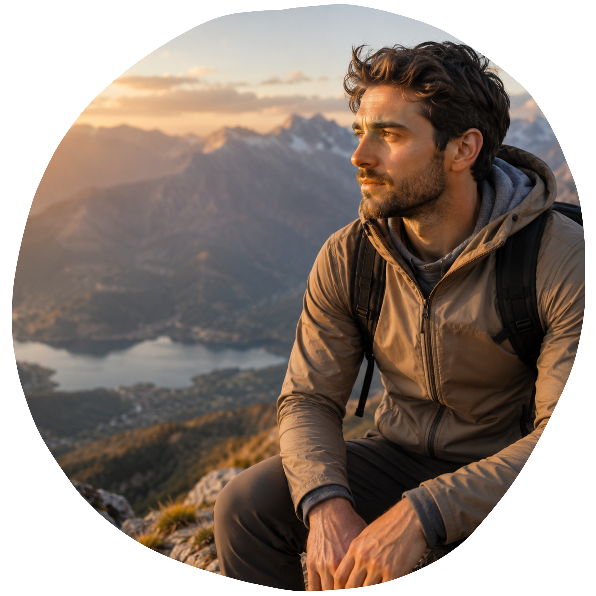 A man sits on a mountain trail during sunset, with mountains and clouds in the background, wearing outdoor clothing and a backpack.