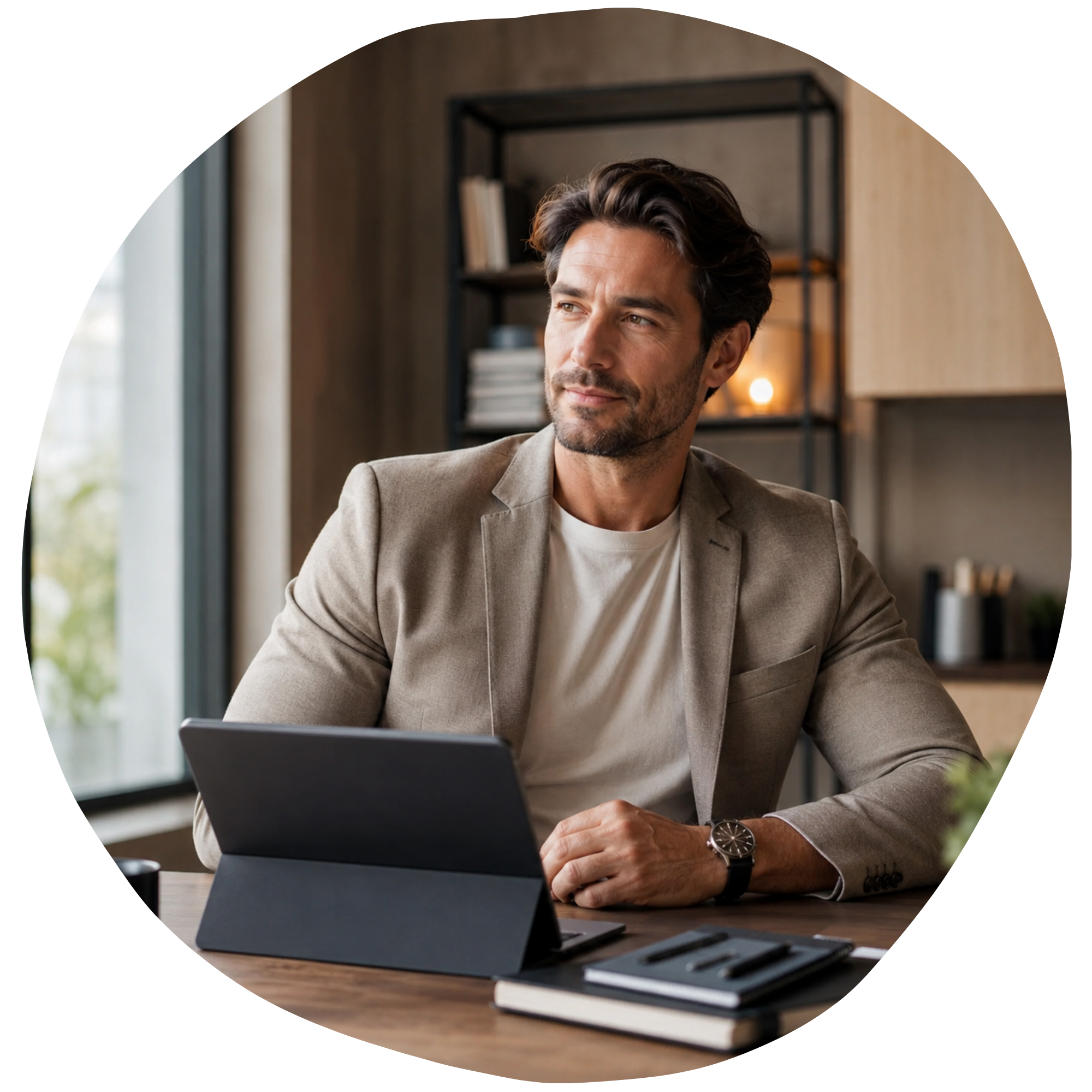 A man with dark hair, wearing a gray blazer and a watch, sitting at a wooden desk with a laptop and notebooks in a modern office, looking to the side with a thoughtful expression.