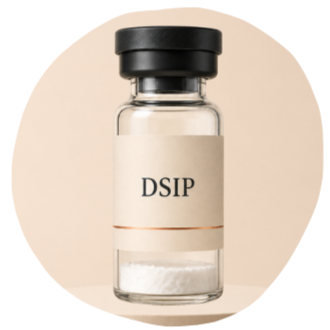 Small glass bottle with a black lid labeled 'DSIP' containing a clear liquid.