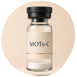 A small glass vial labeled 'MOTS-C' with a black cap, containing a white powder substance.