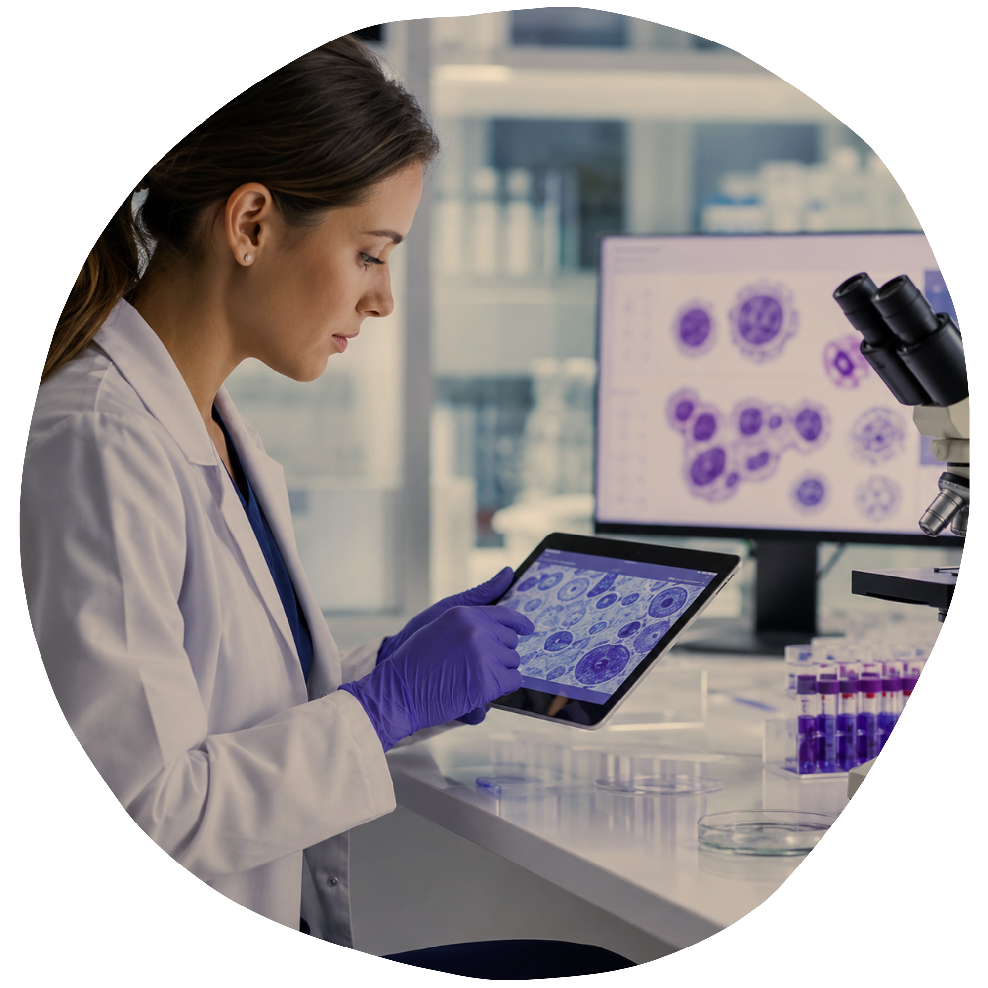 a scientist or researcher examining a digital tablet in a laboratory with a microscope and Petri dishes in the background