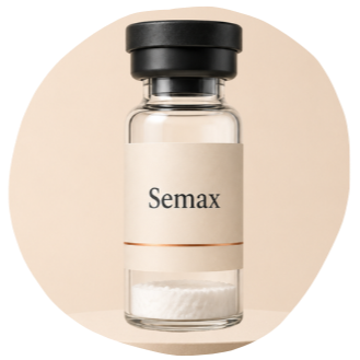 A small glass vial with a black cap labeled 'Semax' containing a clear liquid and some white powder at the bottom.