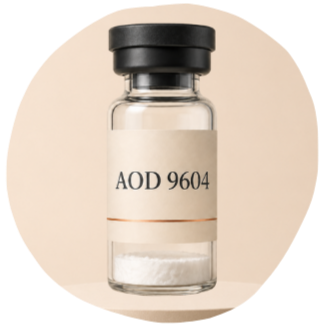 A small glass vial labeled 'AOD 9604' with a black cap