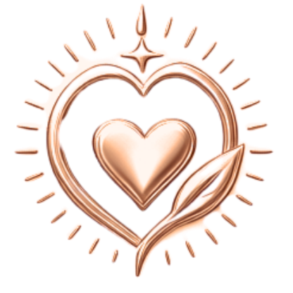 A shiny rose gold heart-shaped mirror with a decorative border, surrounded by light rays and a small leaf attached to the bottom right.