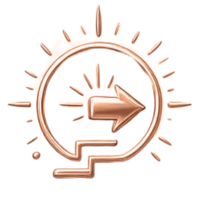 A shiny rose gold icon of a speech bubble with a lightning bolt inside, surrounded by lines representing sound or energy, and an arrow pointing to the right.