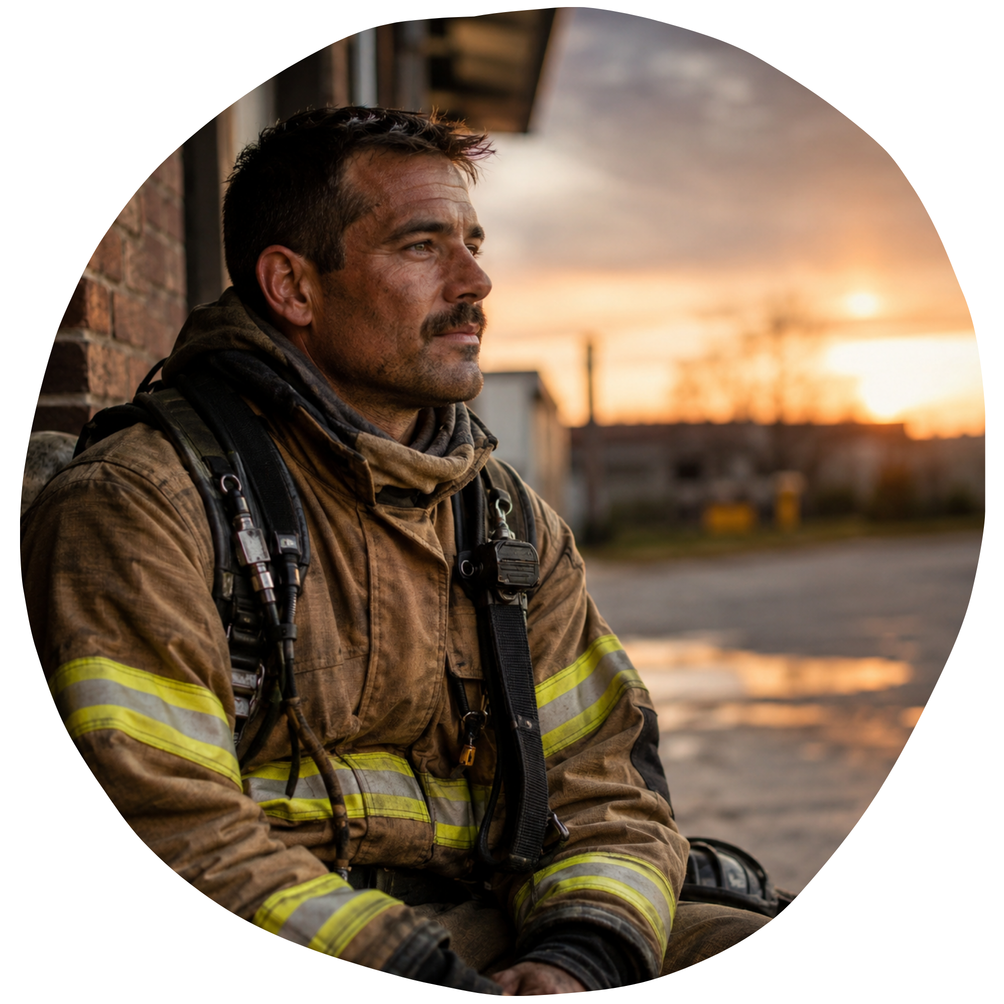 A firefighter in turnout gear sitting outdoors at sunset, looking contemplative.