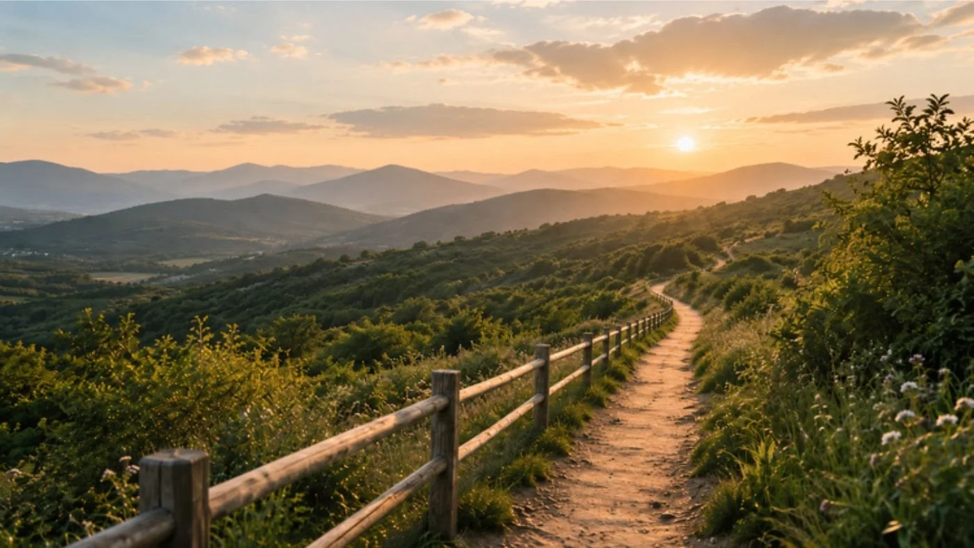 A winding path through a peaceful landscape